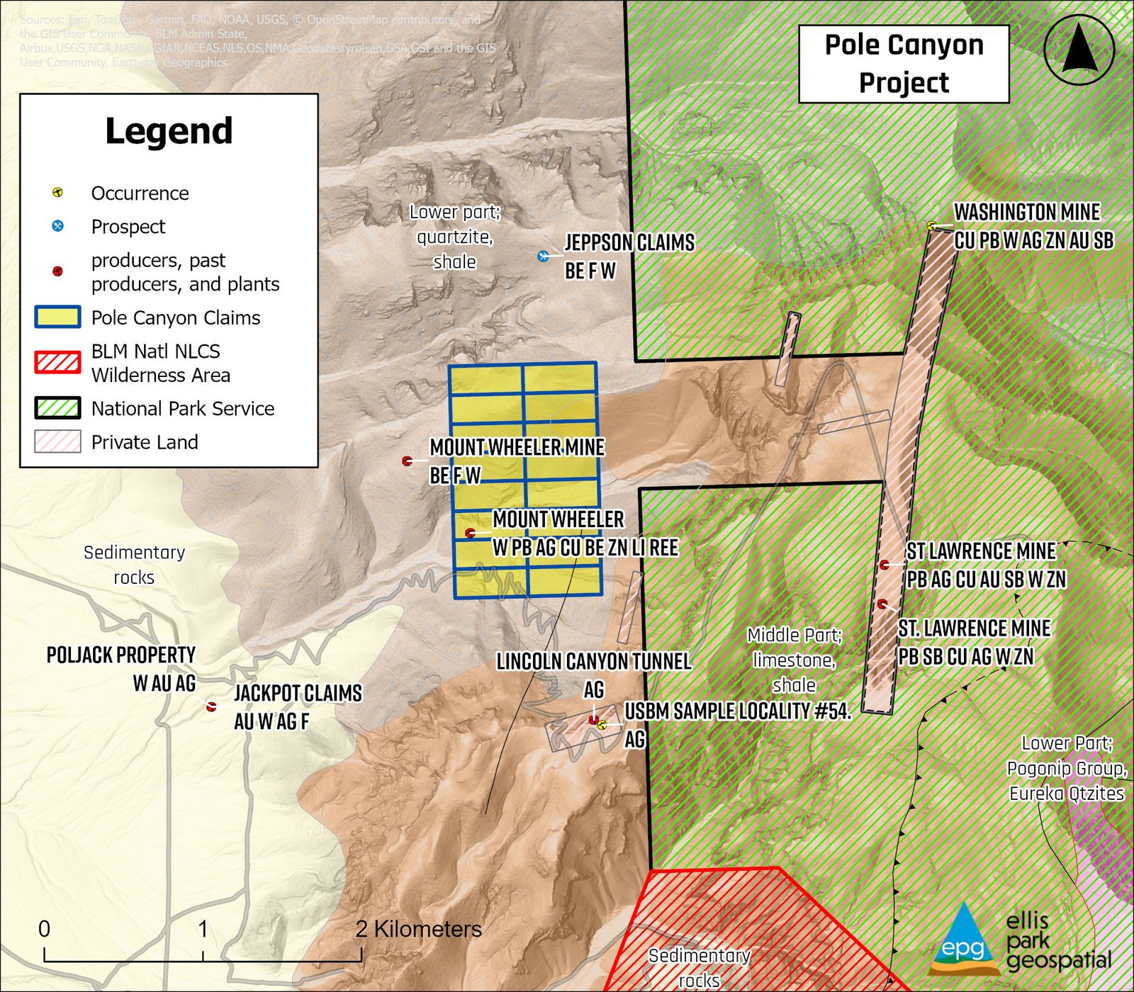 Pole Canyon project geology and claim map